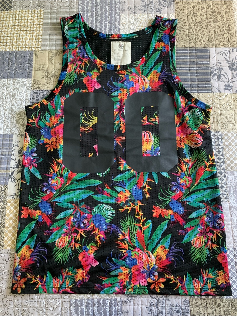 Tropical Floral Print Mesh Tank with 00 Double Zero Graphic